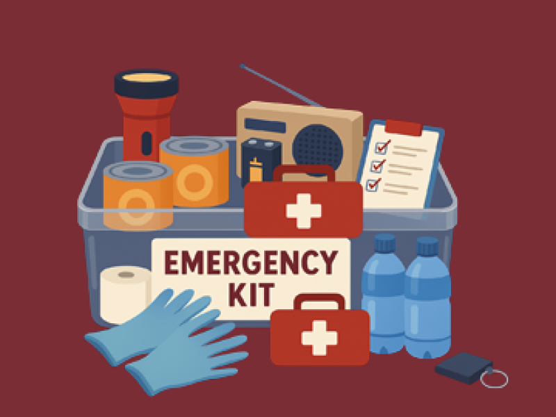 An emergency kit with water bottles, radio, torch, first aid kit and other essentials
