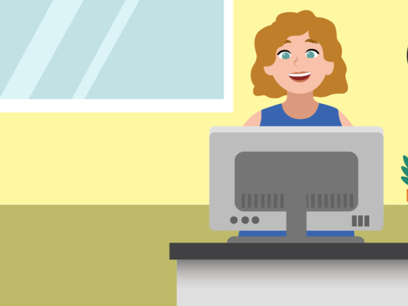 Cartoon imagery of woman on computer